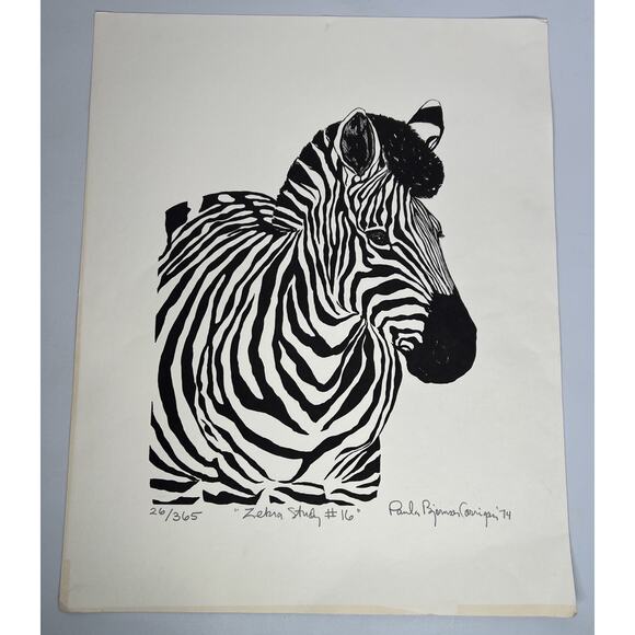 Zebra Wall Art Signed Framed Numbered Vintage 1974 Paula Carrigan
